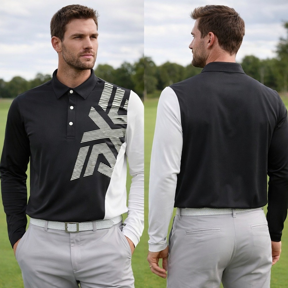 PXG Parsons Xtreme Golf Mens Large Long Sleeve Polo Shirt Black White Graphic L